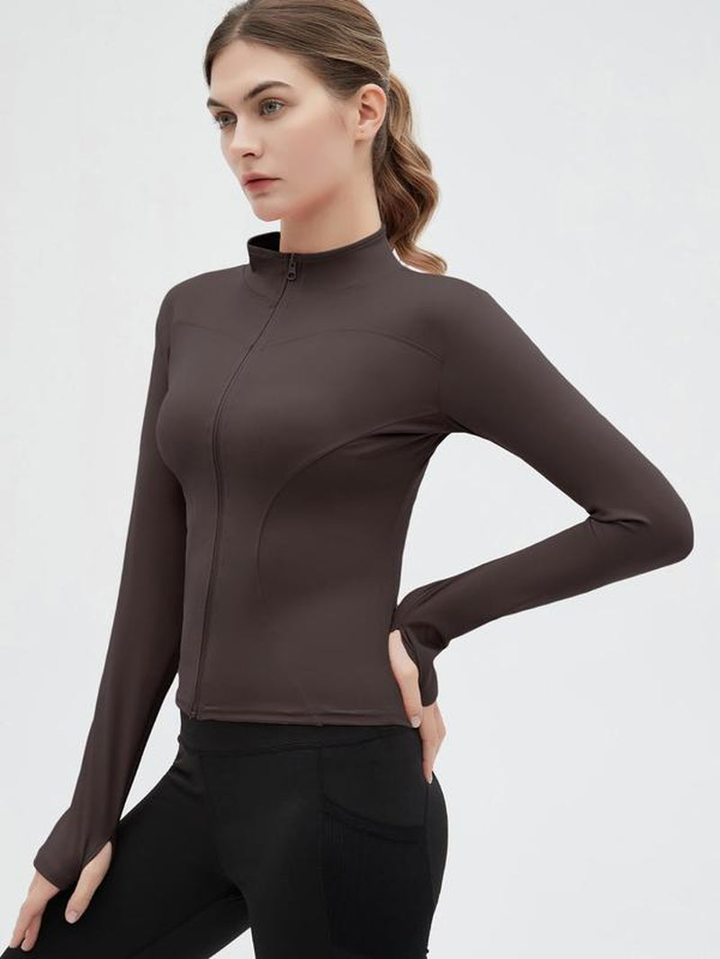 Women'S Thumb Holes Solid Zip up Mock Neck Spring Sports Jacket, Back to School Outfits, Fashion Long Sleeve Sports Outerwear for Tennis Pickleball Gym Yoga Workout Running, Define Jacket, Bbl Jackets, Women'S Sportswear Sports Wear